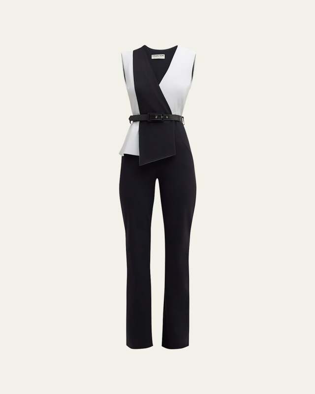 Belted Sleeveless Two-Tone Jumpsuit